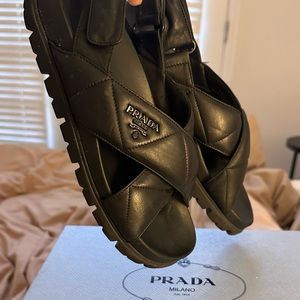 Prada black women's logo slingback sandals quilted leather